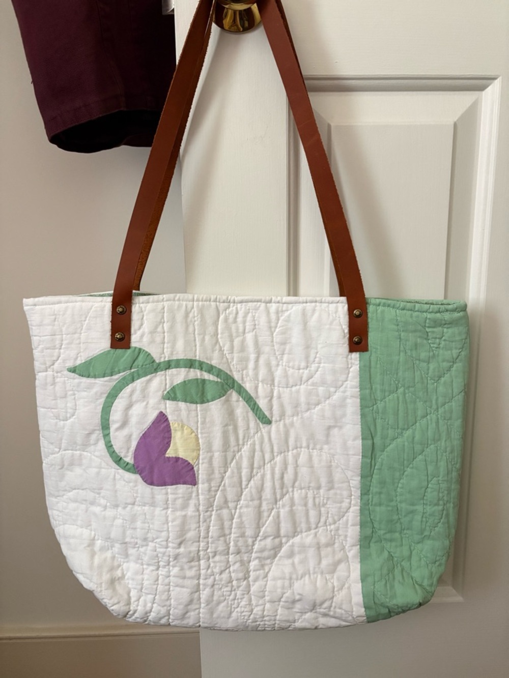 Antique Quilted Floral Tote Bag in White, Mint & Lavender